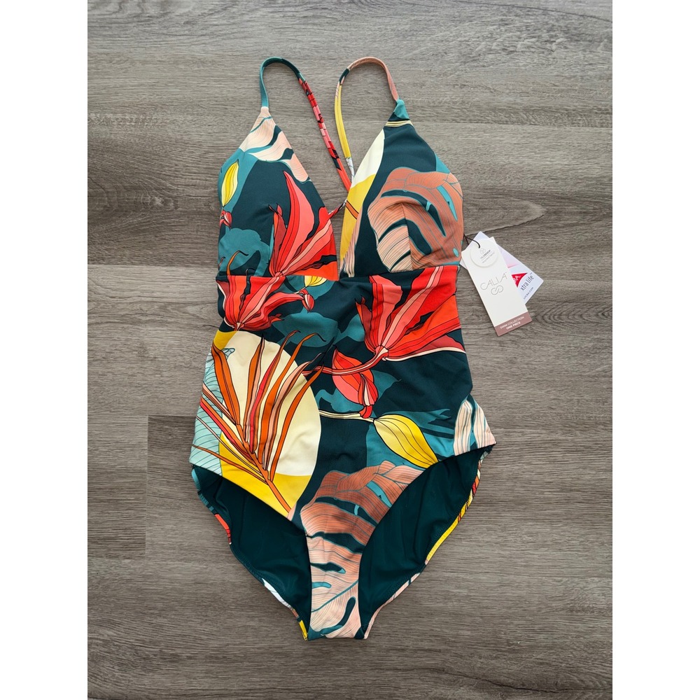 NWT Calia Women's Teal Floral One  Piece Swimsuit, Size 12